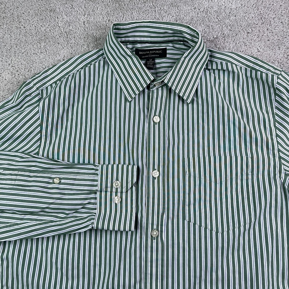 Banana Republic Shirt Mens Medium‎ Green Stripes Non Iron Tailored Slim Fit